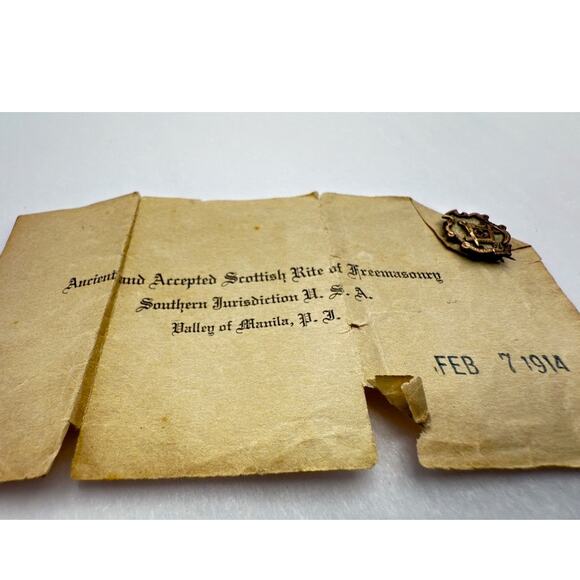 Antique 1914 Masonic Pin w/ Letter Provenance Manila Philippines Scottish Rite - Picture 1 of 10